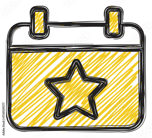 Hand-drawn style calendar page icon with a prominent yellow star in the center, representing an important date or event.