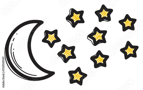 Black outline crescent moon with scattered cluster of eight yellow stars. simple linear depiction for celestial and nighttime themes.