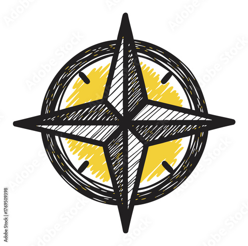 Hand-drawn compass rose with a black outline and yellow shading design, symbolizing direction and navigation.