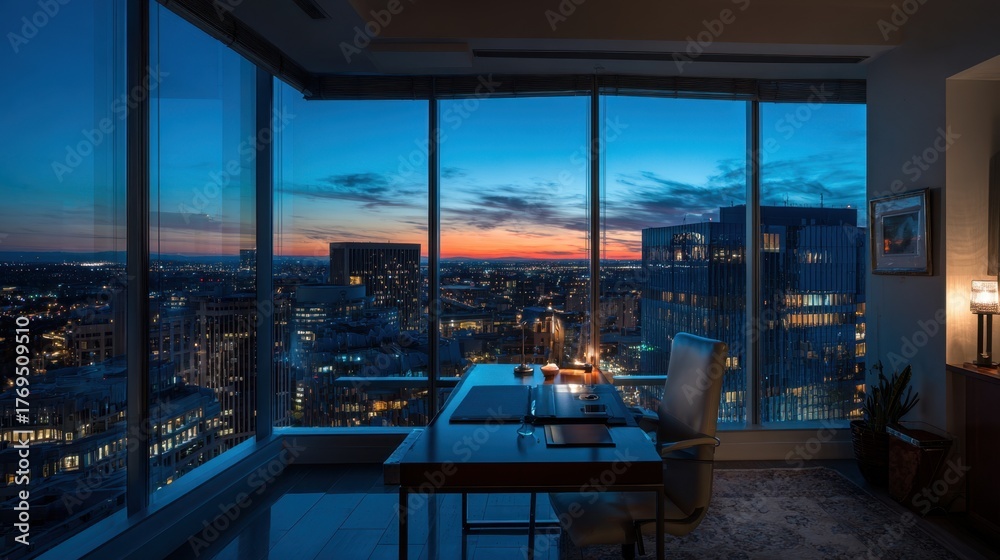 Fototapeta premium A stunning view of the city skyline at dusk from a sleek office. A wooden desk is positioned by large windows showcasing colorful sunset hues illuminating the buildings.