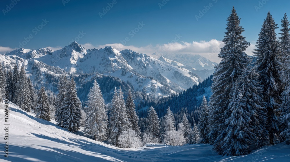 Fototapeta premium A snowy mountain range with trees in the foreground. The sky is blue and clear. The scene is peaceful and serene