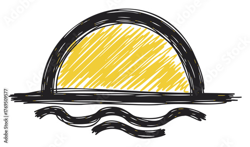 Hand-drawn sketch of a yellow sun setting over stylized wavy black lines representing water, capturing a simplistic and artistic sunset scene.