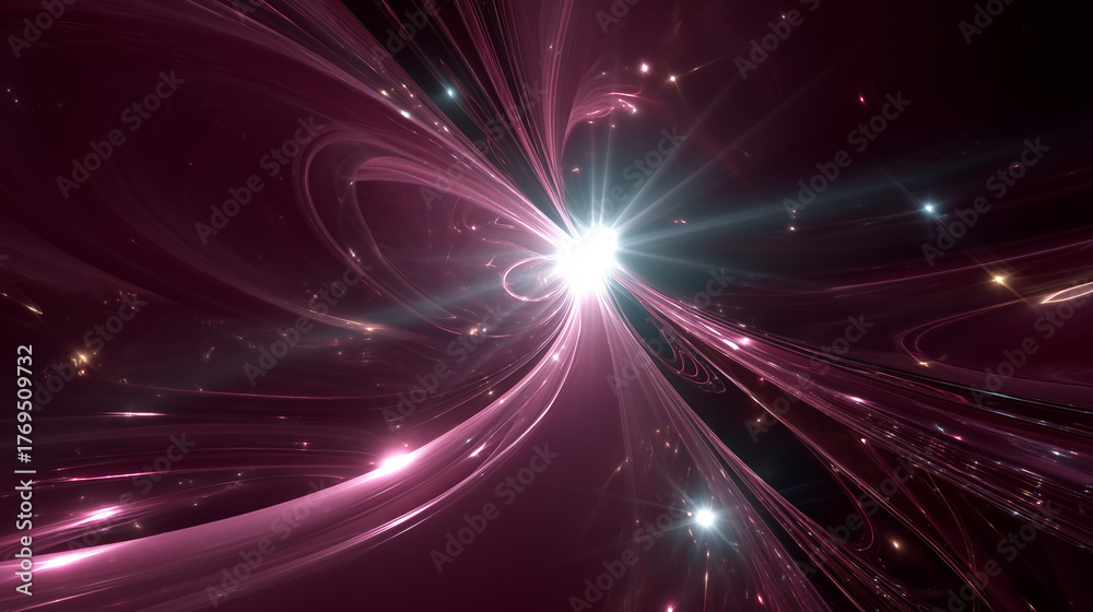 Fototapeta premium Radiant white light explosion in abstract pink space with glowing trails and cosmic energy swirl in dark outer space.