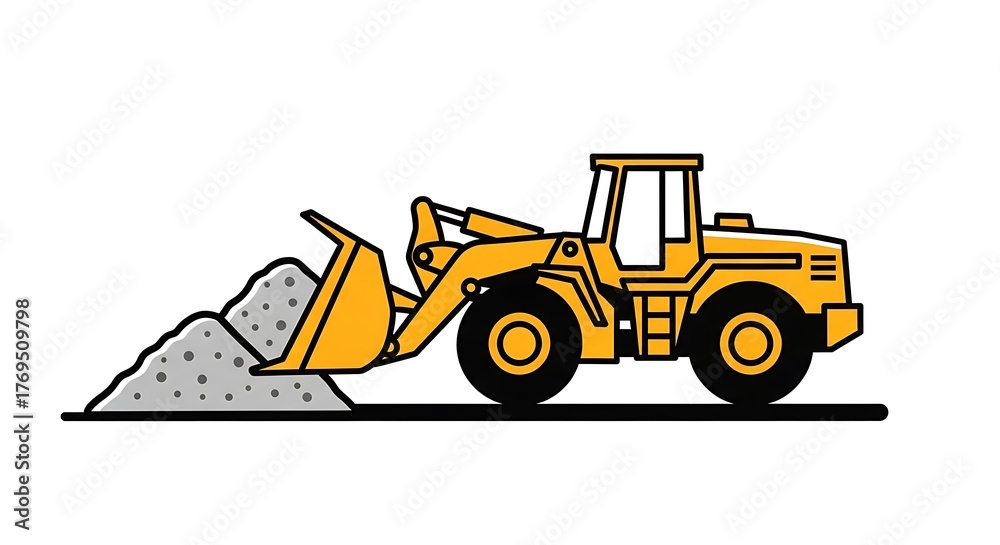 Naklejka premium Yellow Front Loader Machine Moving Gravel on Construction Site.