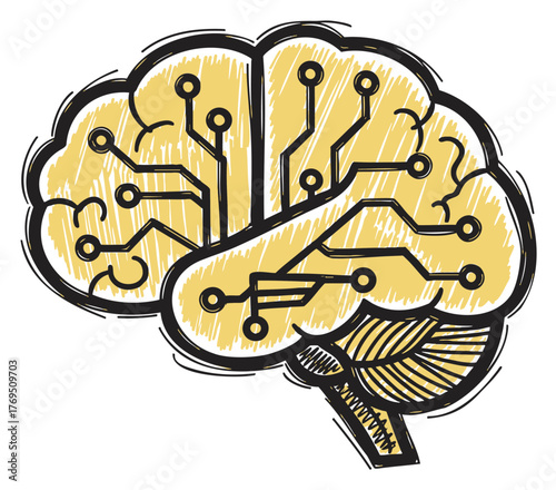 Hand-drawn illustration of a brain with circuit-like lines, symbolizing artificial intelligence integration and technological innovation.