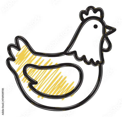 Black outline drawing of a simple chicken with yellow shading on its body, featuring a prominent beak and comb for agricultural themes.