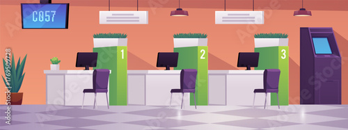Bank office interior with ATM, automated teller machine, queue scoreboard, vector reception and customer service desk