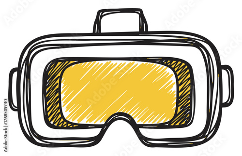 Black outline drawing of a vr headset with a yellow lens cover, showcasing modern technology for immersive virtual experiences.