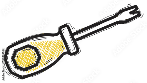 Hand-drawn vector icon of a phillips screwdriver with a yellow textured handle and a black outline on a white background.