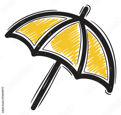 Black outline vector icon of a simple umbrella with a yellow, textured canopy, shown at an angle with segment divisions.