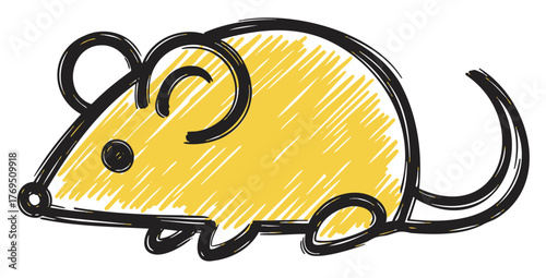 Simple hand-drawn sketch of a yellow mouse with bold black outlines, featuring a rounded body, large ears, and a long tail.
