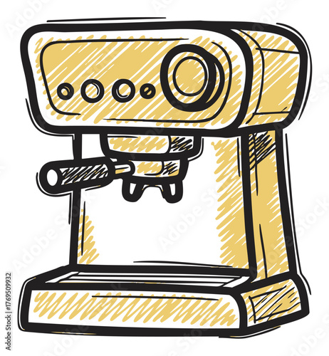 Hand-drawn sketch of a modern espresso coffee machine with buttons and a portafilter handle.