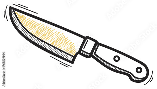 Hand-drawn sketch of a knife with a wooden handle and a serrated blade, outlined in bold lines with subtle shading for detail.