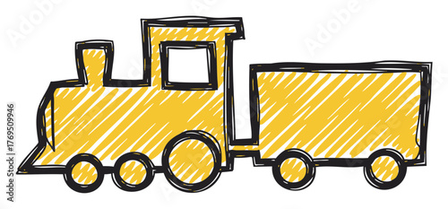 Hand-drawn sketch of a yellow toy train with a locomotive and attached wagon, featuring bold black outlines.