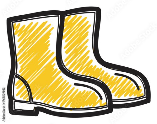Yellow and black illustration of sturdy safety boots, featuring thick soles and reinforced toe caps for protective footwear.