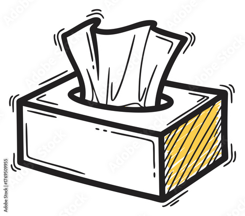Simple sketch of a rectangular tissue box with a yellow accent and a single tissue protruding from the top.