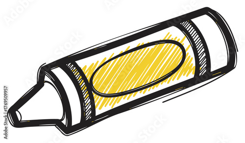 Hand-drawn sketch of a yellow crayon with black outline, showcasing a textured appearance and simplistic design.