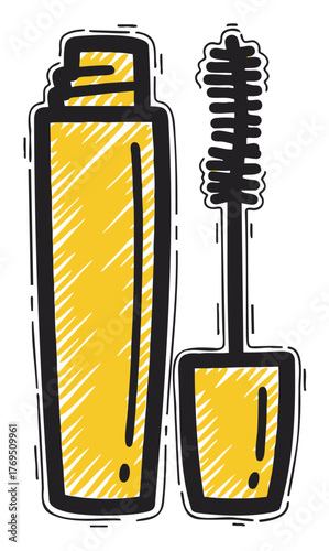 Black outline sketch of a yellow mascara tube with its applicator brush removed, showcasing a cosmetic product design.