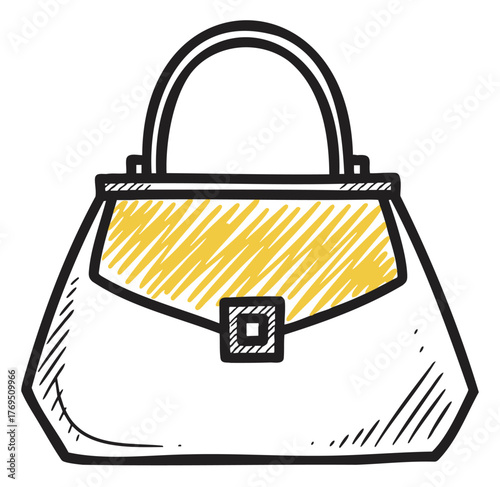 Hand-drawn black outline of a handbag with a yellow shaded flap and geometric buckle detail.