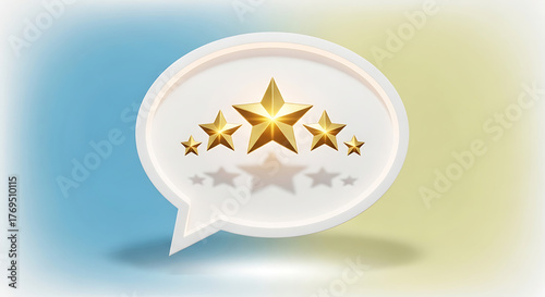 Five golden star rating in a speech bubble on a colorful background