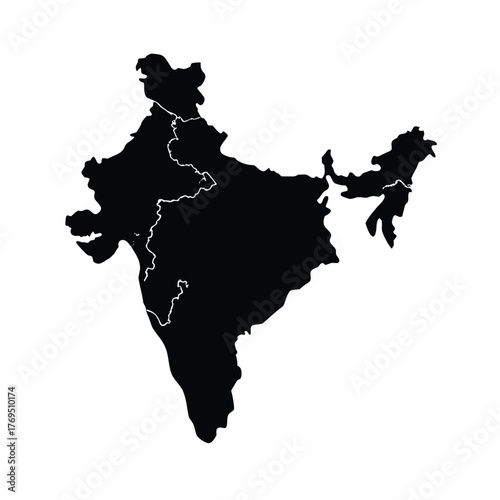 Silhouette map of India with internal borders on white background country nation