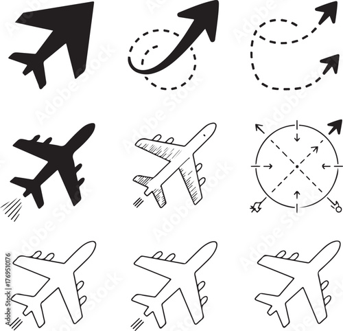 Nine Detailed Flight Path Icons With Transparent Background navigation route