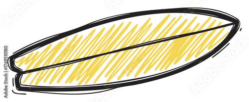 Simple hand-drawn yellow and black doodle of a surfboard with a central fin and dynamic sketch lines.