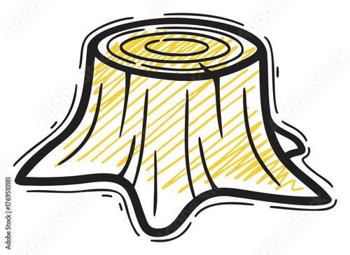 Simple black outline drawing of a tree stump with yellow shading, showing clear growth rings and bark texture.
