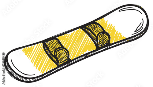 Hand-drawn illustration of a snowboard with yellow accents and two bindings, featuring a sketched design for winter sports enthusiasts.