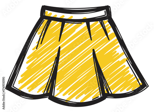 Colorful sketch-style illustration of a yellow and black skirt with a flared design and distinct outlines.