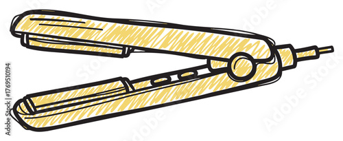 Black and yellow sketch of a hair straightener in an open position, showing heating plates and power cord for styling use.