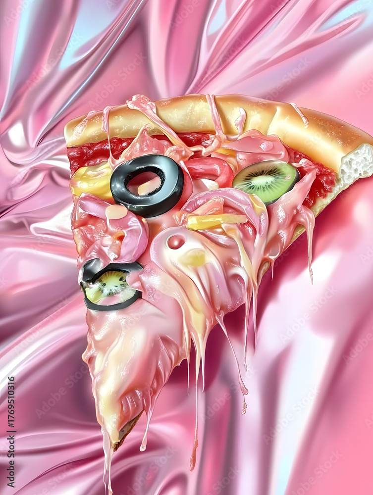 Fototapeta premium A bizarre pop art pizza slice with kiwi and olives on pink satin