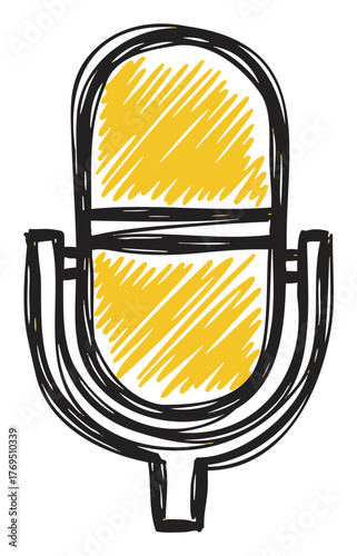 Hand-drawn sketch of a retro-style microphone with a yellow textured interior, enclosed by a circular stand.