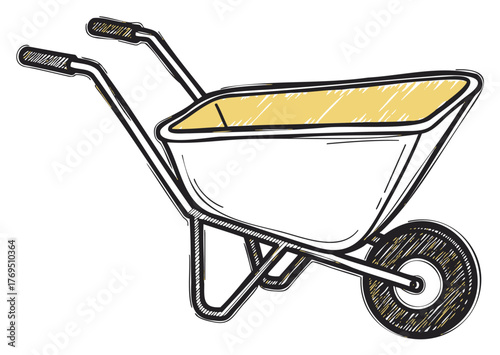 Black outline of a simple wheelbarrow with handles and a single front wheel, designed for carrying materials.