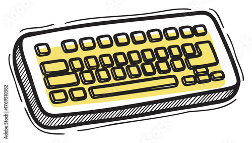 Hand-drawn outline of a computer keyboard with yellow-highlighted keys, emphasizing a simplistic and artistic style.