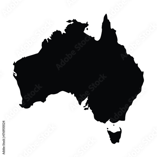 Black silhouette map of Australia with Tasmania on white background country nation