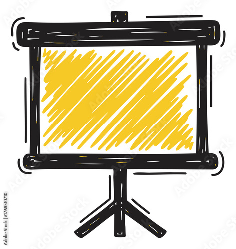 Hand-drawn sketch of a blank flip chart on a tripod stand with a yellow scribble in the center, icon for presentation and business concepts.