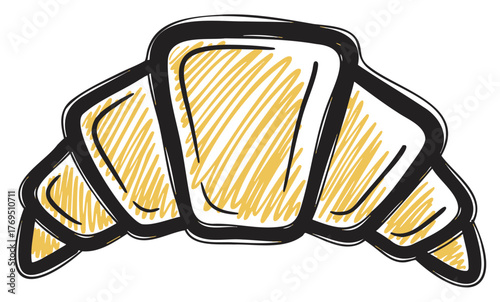 Hand-drawn outline of a croissant with yellow shading, depicting a freshly baked pastry with crisp, flaky layers.