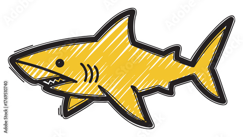 Yellow cartoon shark with a playful expression and bold black outline, highlighting its teeth and prominent fin.