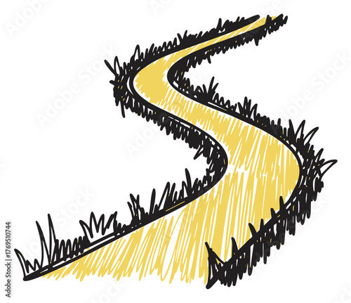 Hand-drawn illustration of a winding yellow road surrounded by black shrubbery, showcasing a stylized and artistic approach to pathway depiction.