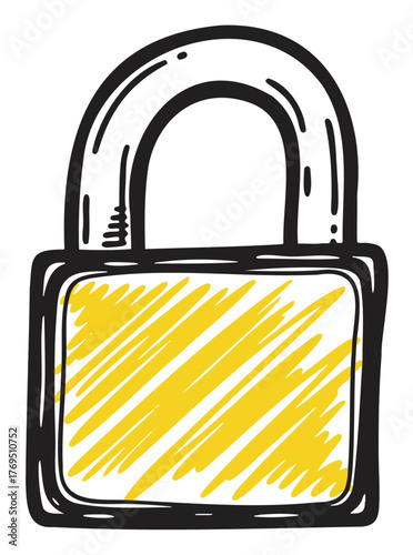 Hand-drawn padlock illustration with a yellow body and black outline, conveying security and protection concepts.
