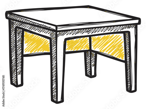 Black and yellow line drawing of a wooden square stool with four legs and a reinforced support frame.