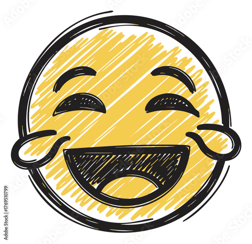 Cartoon-style yellow laughing face emoji with tears and bold black outline, displaying happiness and humor.