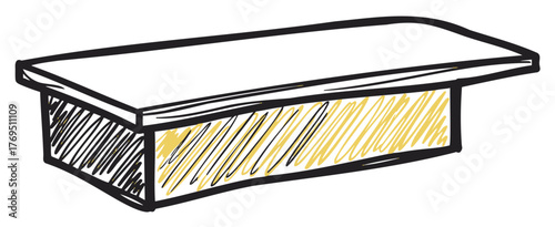 Black outline drawing of a rectangular bench with angled supports and yellow shading, providing a simple and modern aesthetic.
