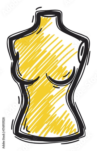 Sketch-style illustration of a yellow mannequin torso with black outline, depicting a female shape for fashion design purposes.