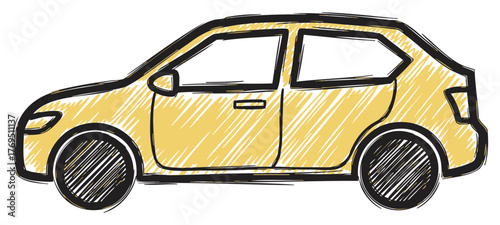 Black outline sketch of a yellow hatchback car viewed from the side, showcasing a simple yet distinct automotive design.