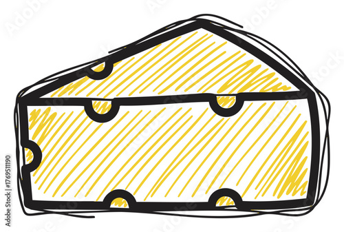 Hand-drawn illustration of a wedge of swiss cheese with multiple holes and yellow shading.
