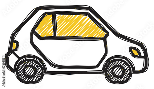 Simple black outline of a compact car with yellow tinted windows, highlighted in a sketch style for automotive concepts.