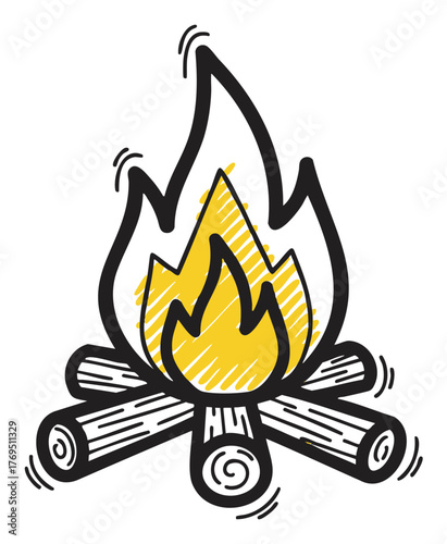 Black outline drawing of a campfire with a yellow central flame, surrounded by stylized logs, conveying a sense of warmth and outdoor adventure.
