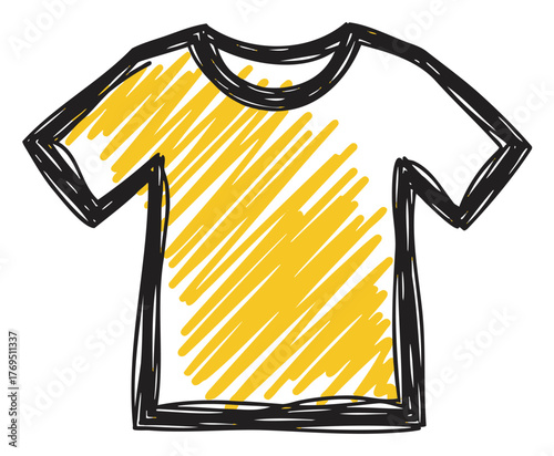 Hand-drawn sketch of a short-sleeved t-shirt with bold black outlines and shaded yellow interior, showcasing a casual clothing design.